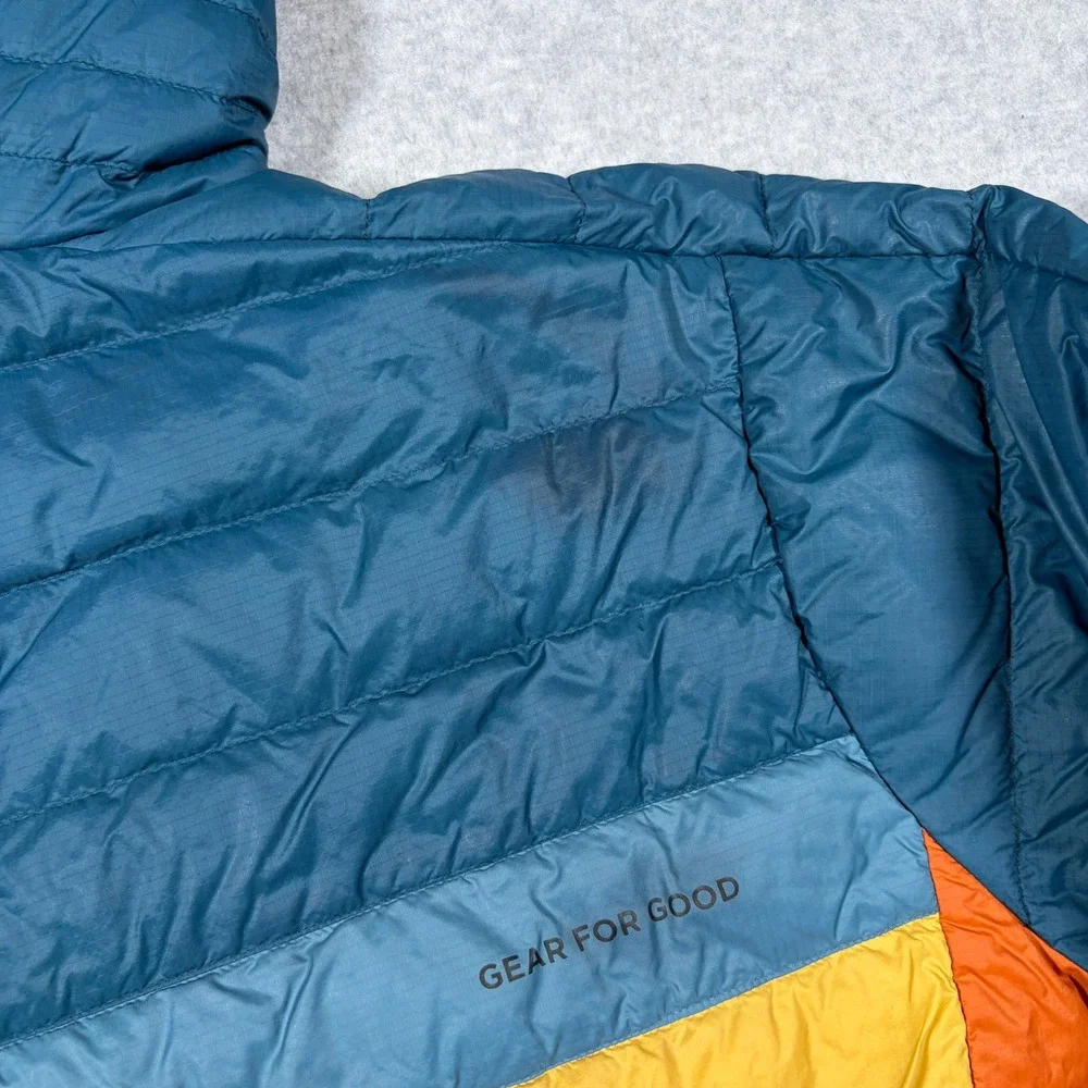 Cotopaxi Fuego Hooded Down Jacket Men Large Blue Orange Yellow Puffer Coat